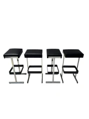 Four Mid-Century Modern Bar Stools with Black Leather Seats, 1970s